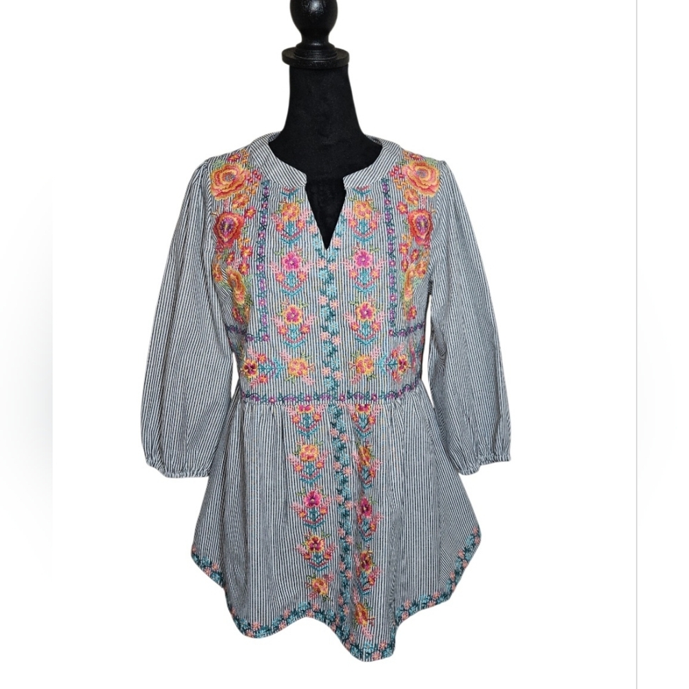 Savanna Jane Blue Striped Tunic with Pink & Orange Floral Embroidery